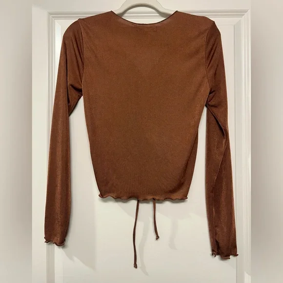Electrica Brown sheer long sleeve crop top adjustable ruched front with ties - Picture 4 of 4
